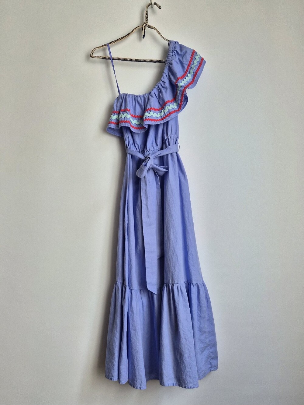 J Crew One Shoulder Ric Rac Linen Maxi Midi Dress XXS Coastal Tomato Girl